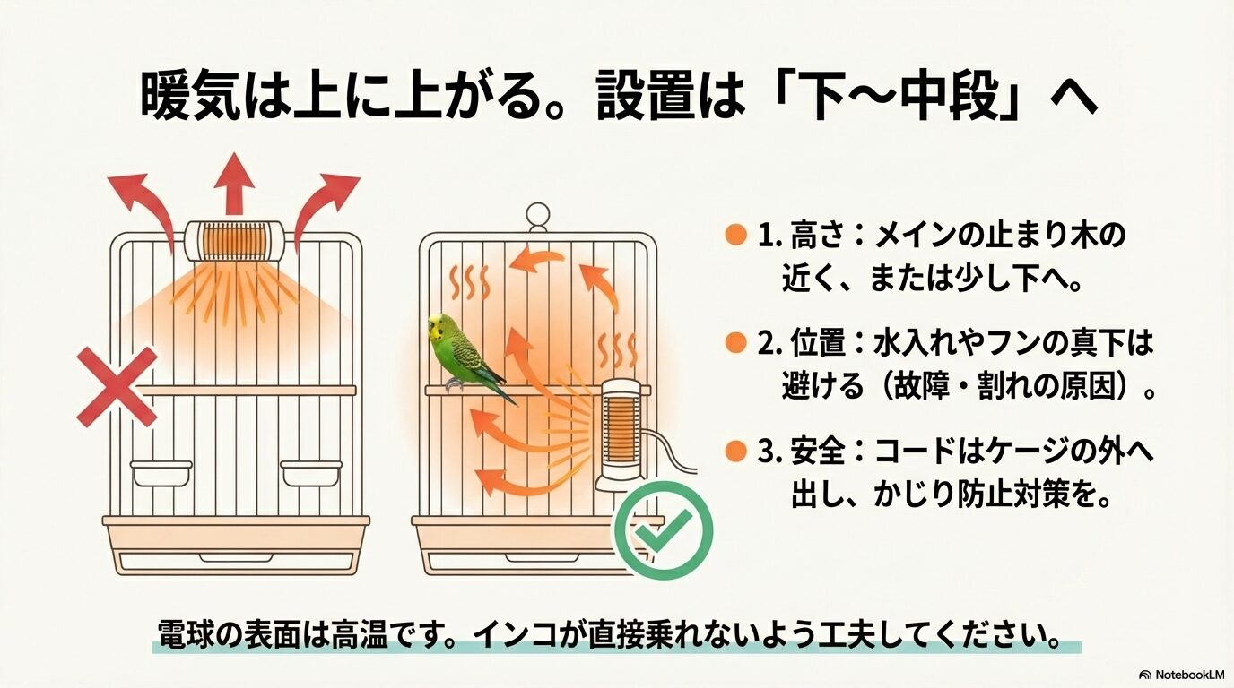 ケージ内の安全な置き場所と設置法