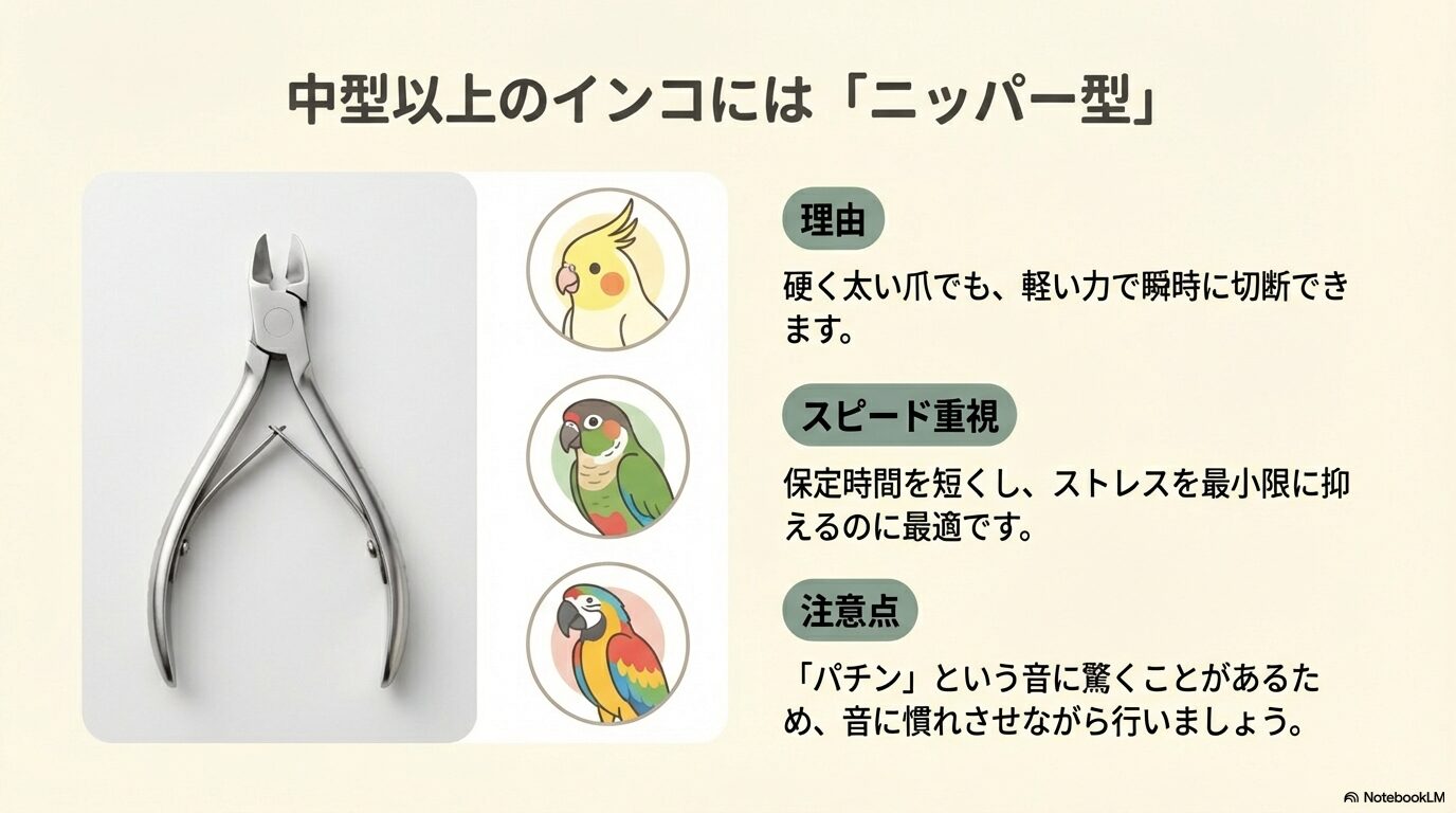 ニッパー型は中型～大型インコ用