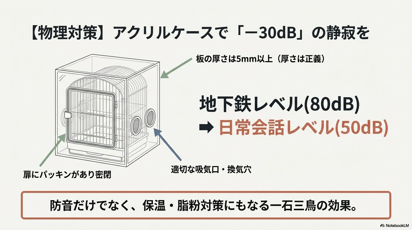 アクリルケースの効果とケージの防音