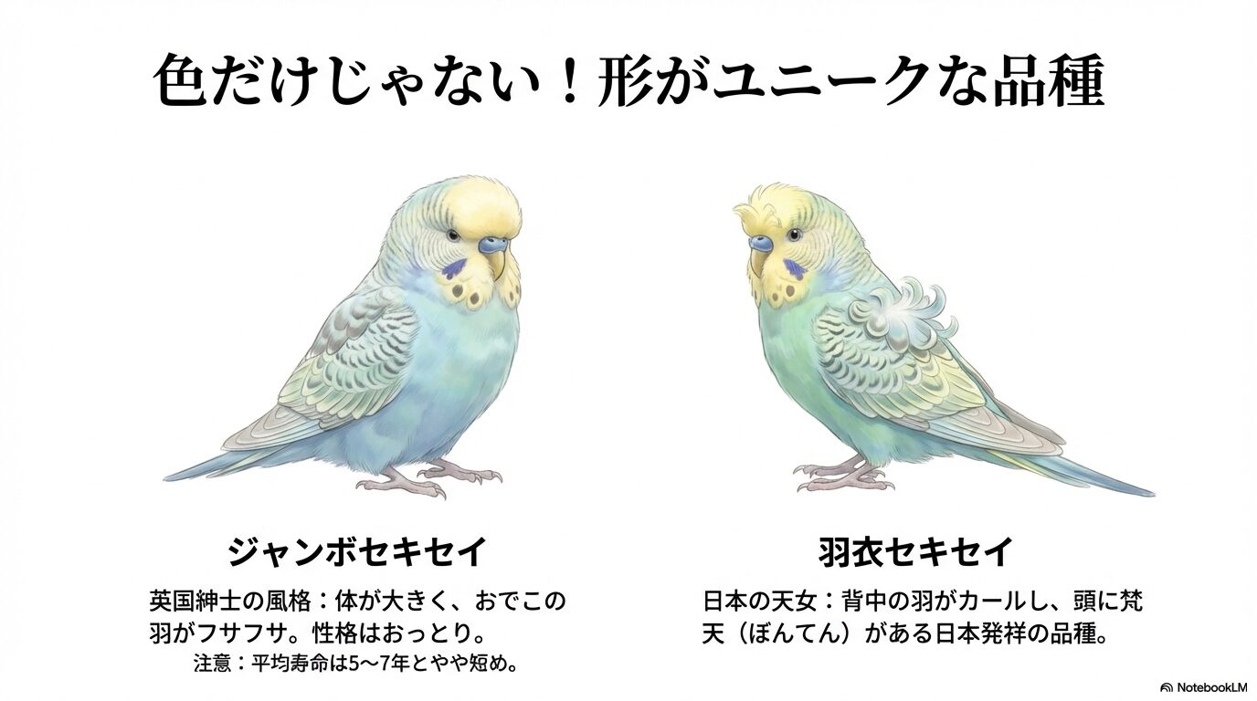ジャンボや羽衣など変わった形のインコ