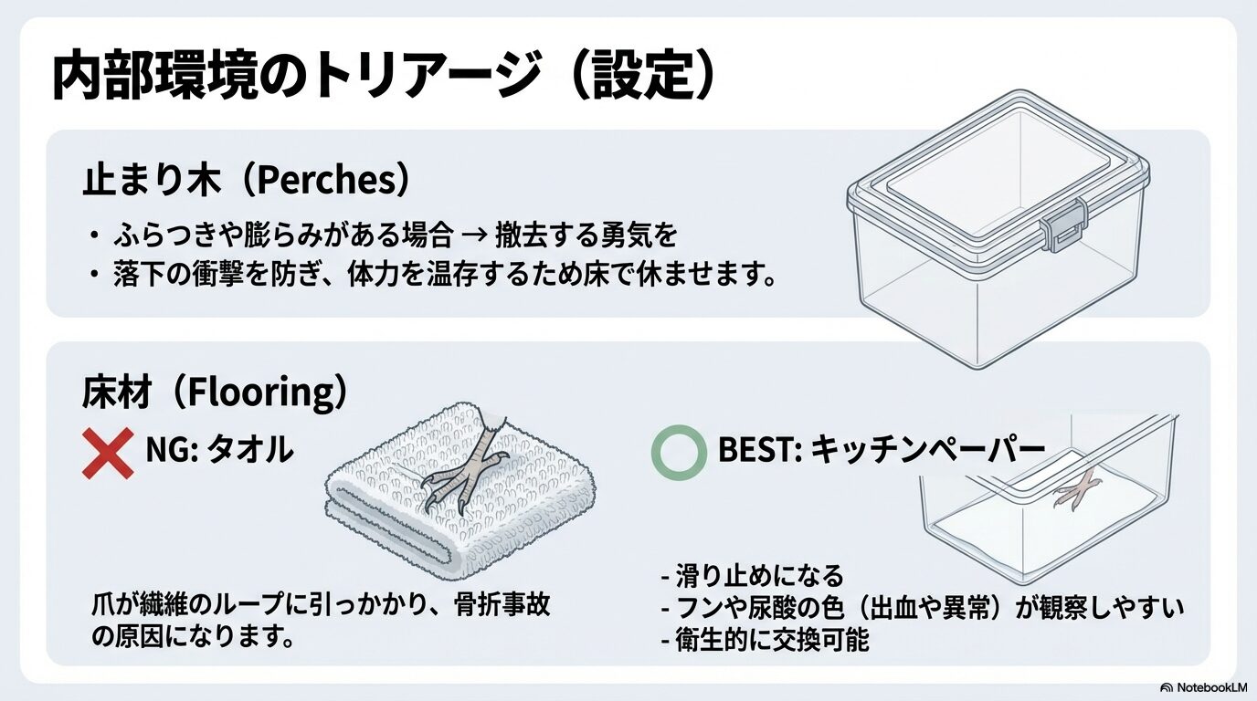 移動時の止まり木や床材の安全な設定
