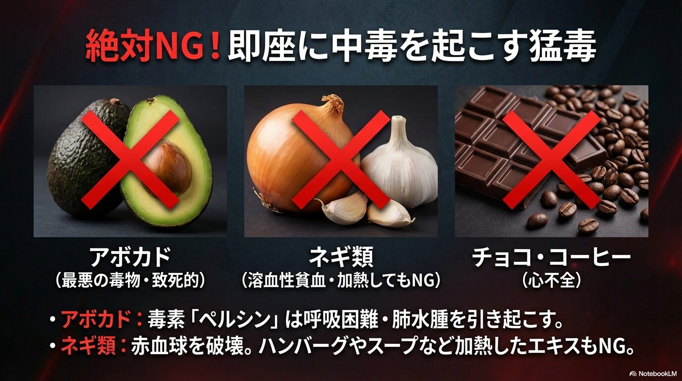 アボカドやネギ類は致死的な毒性があるためNG