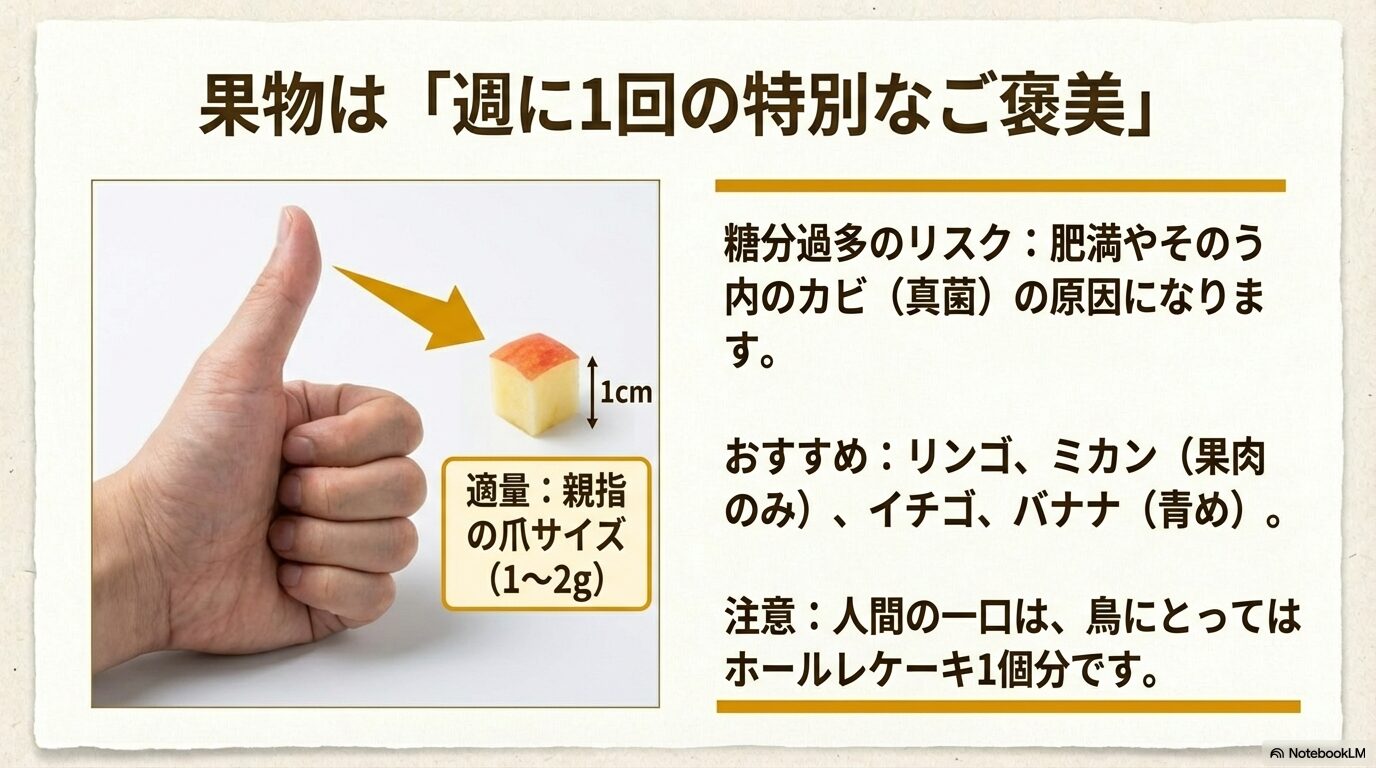 リンゴなどの果物は種を取り除きおやつとして少量