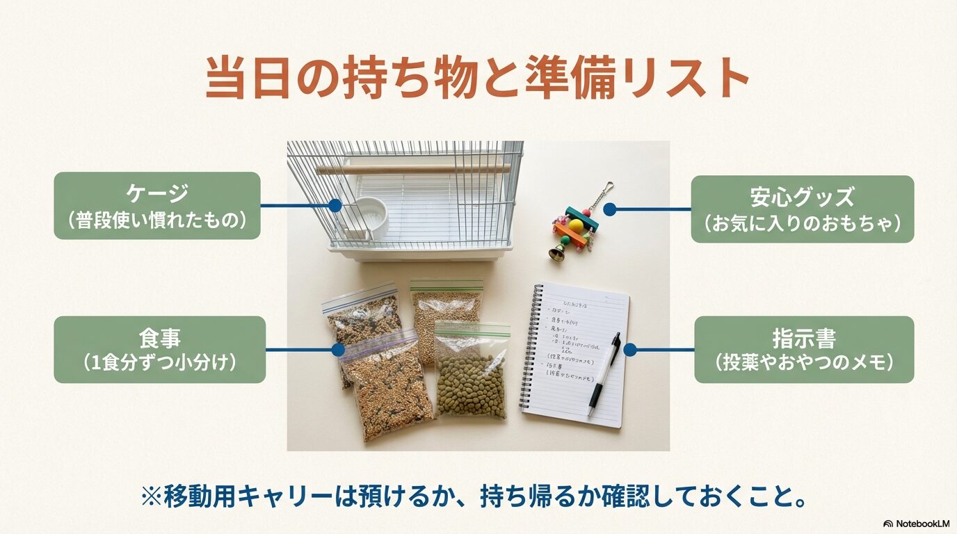 ケージ持参や食事の準備など当日の持ち物