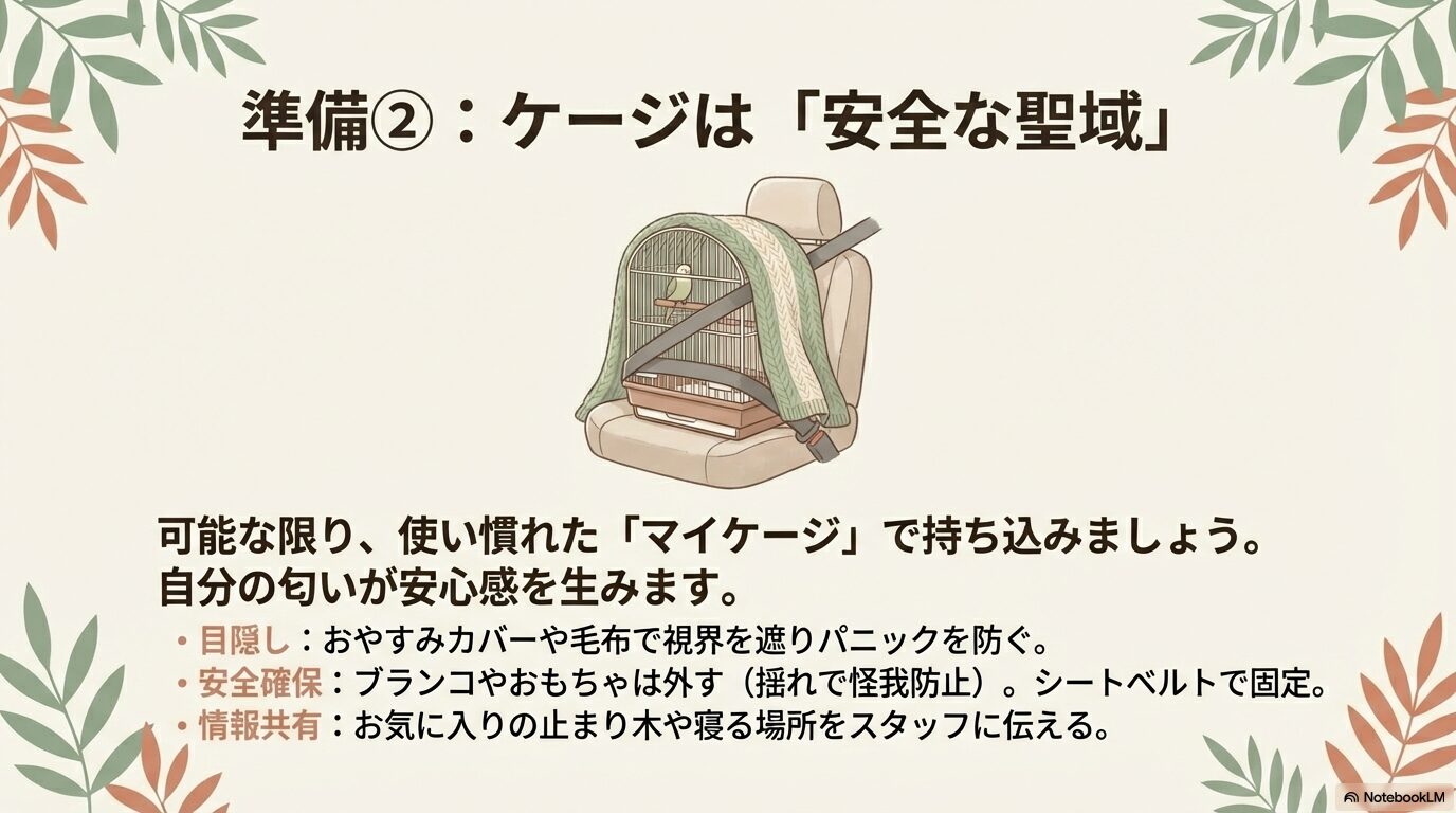 インコの使い慣れたケージの持ち込み