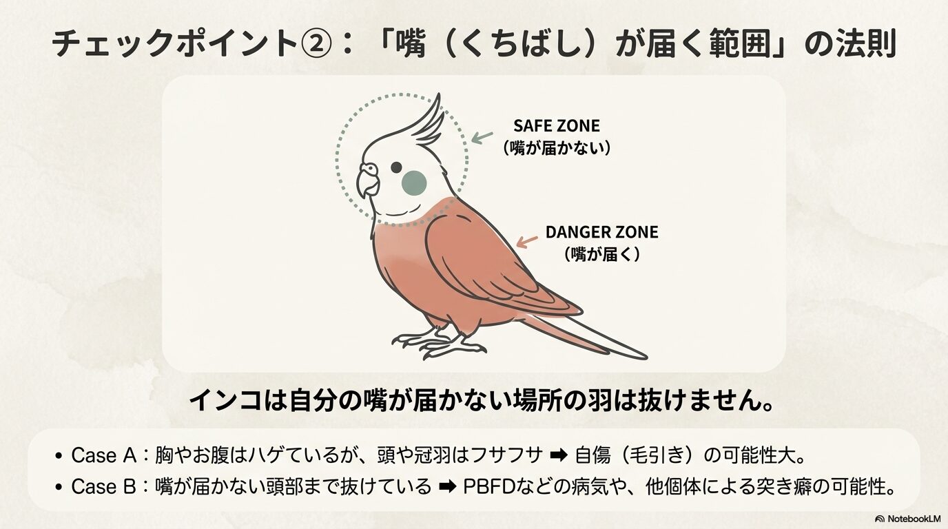 嘴が届く範囲と頭部の羽毛残存に注目する