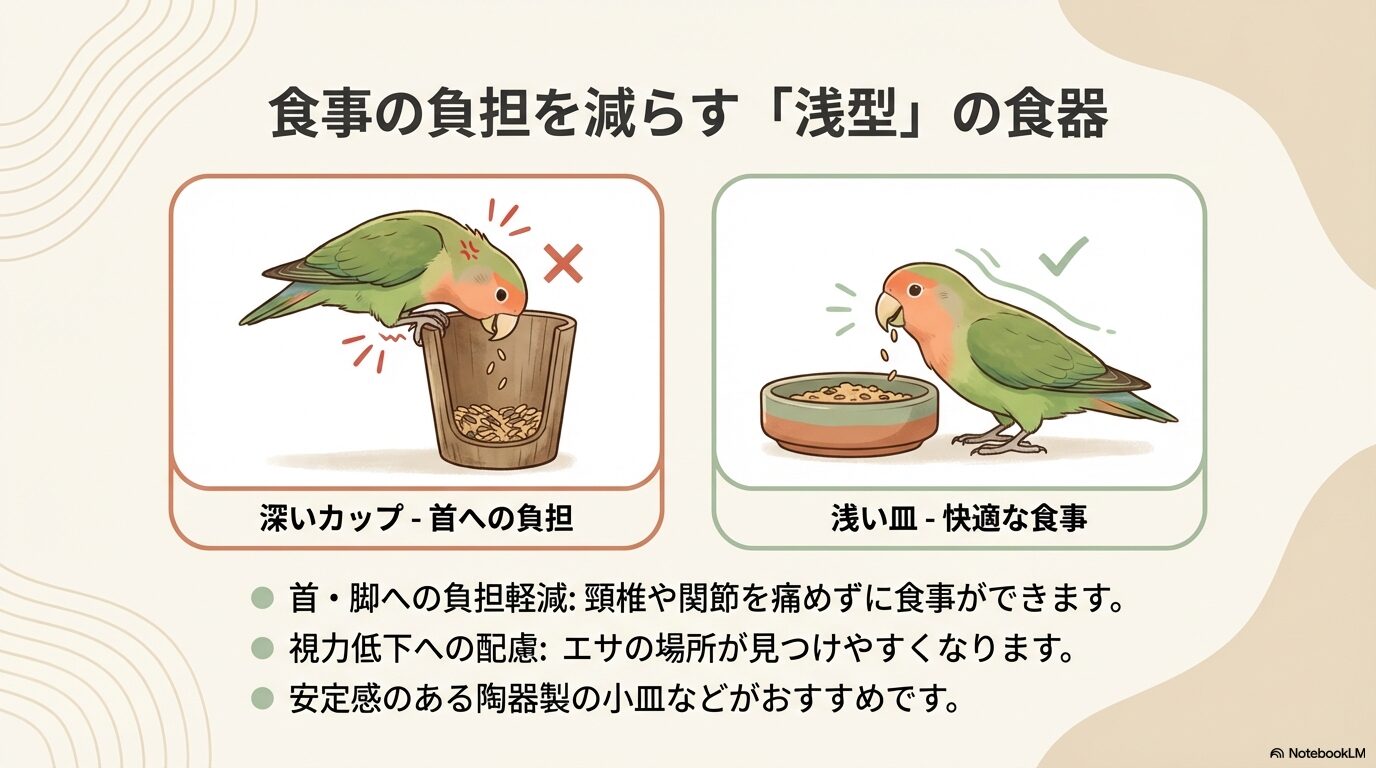 浅型エサ入れによる食事の負担軽減