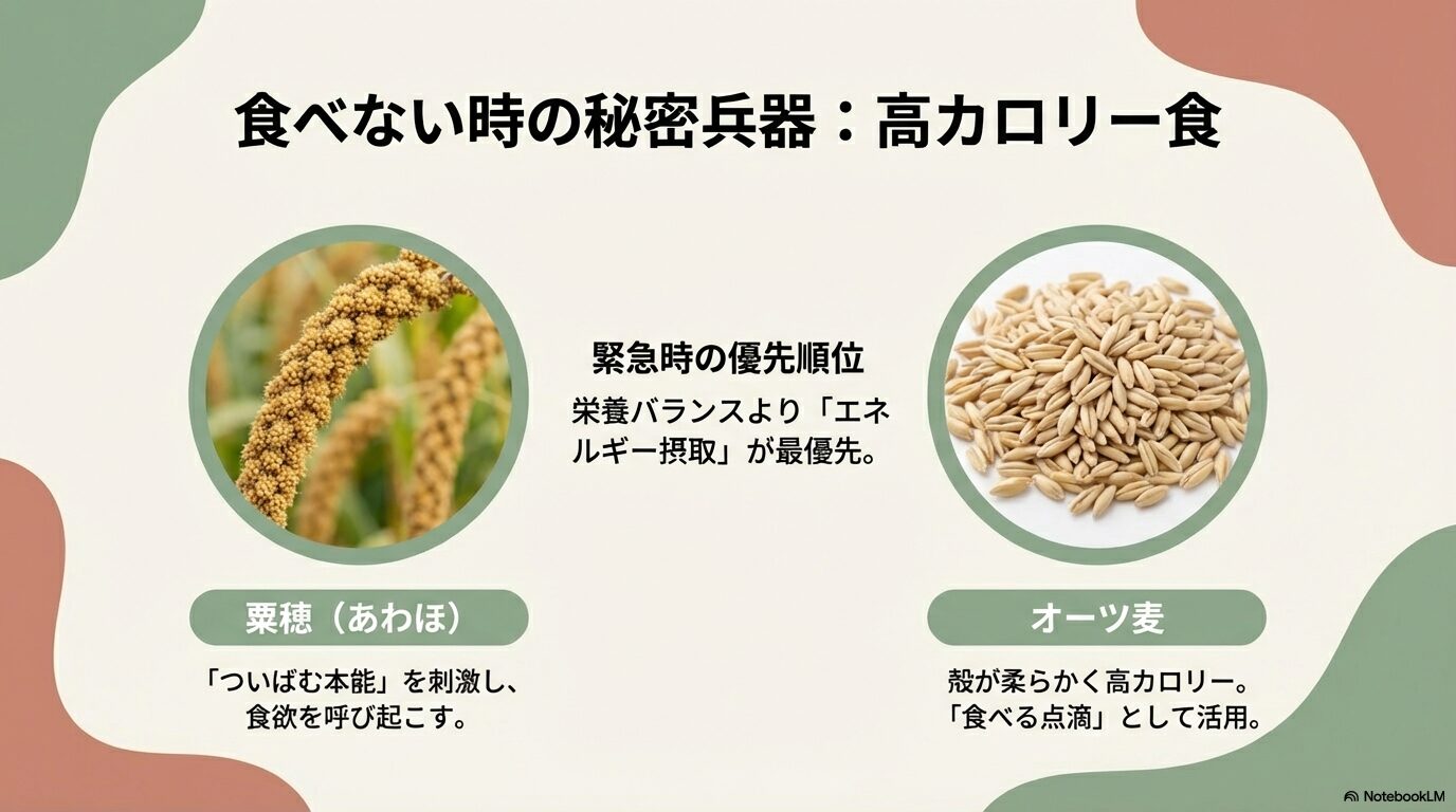 食欲不振時の高カロリーな粟穂やオーツ麦