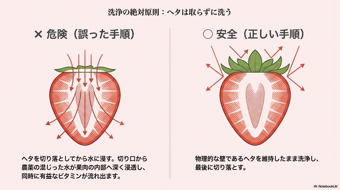 農薬を吸わせない！ヘタを取らずに洗うのが鉄則