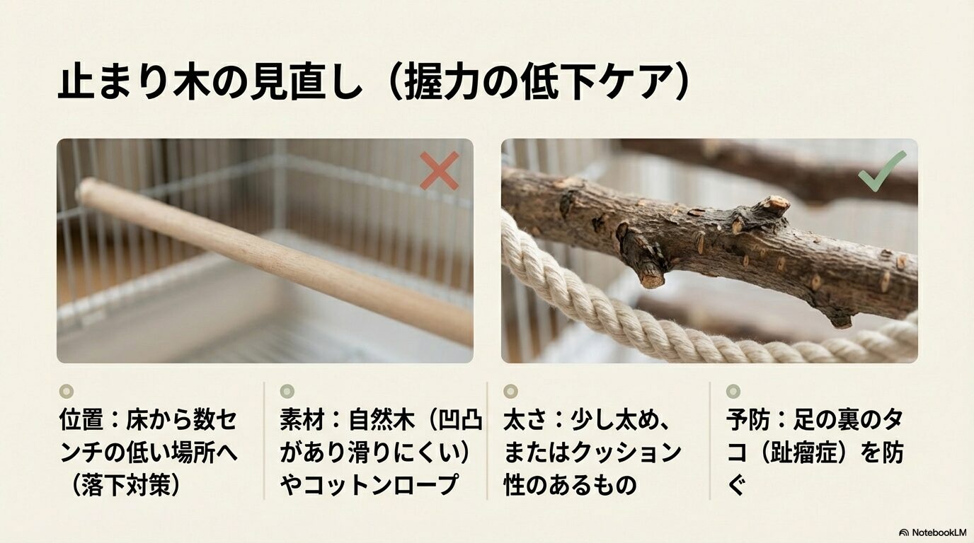 低い位置への止まり木の配置