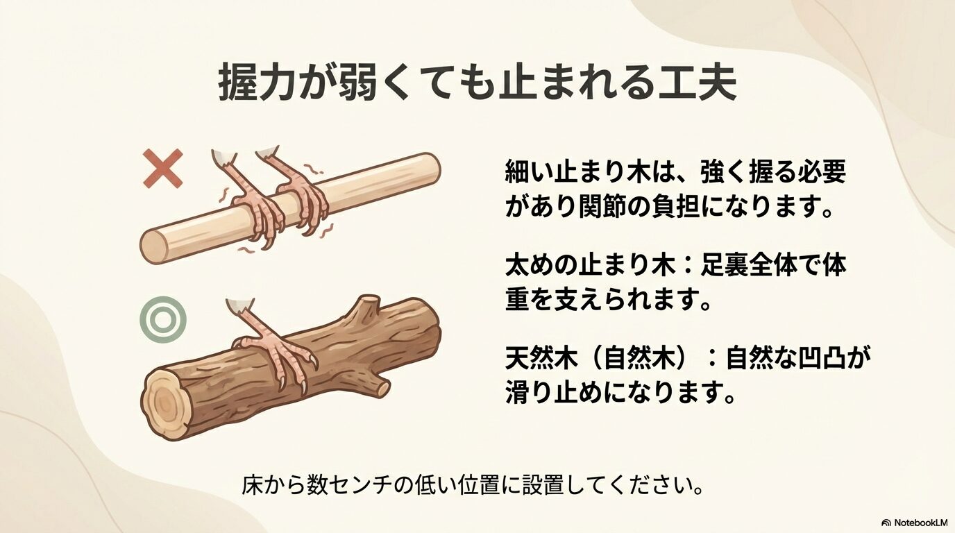 握力を補う太い止まり木の活用
