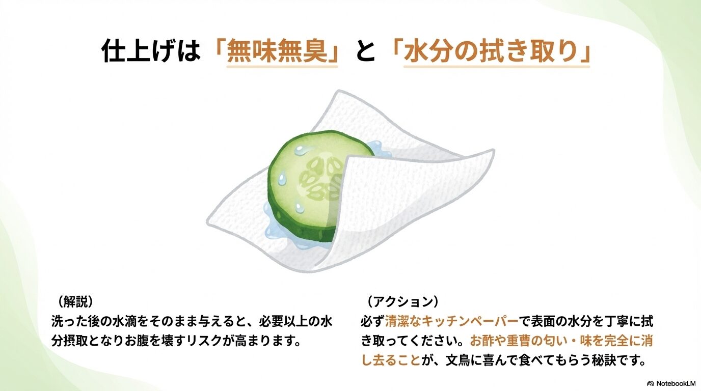 表面の水分を拭き取ってからきゅうりを与える