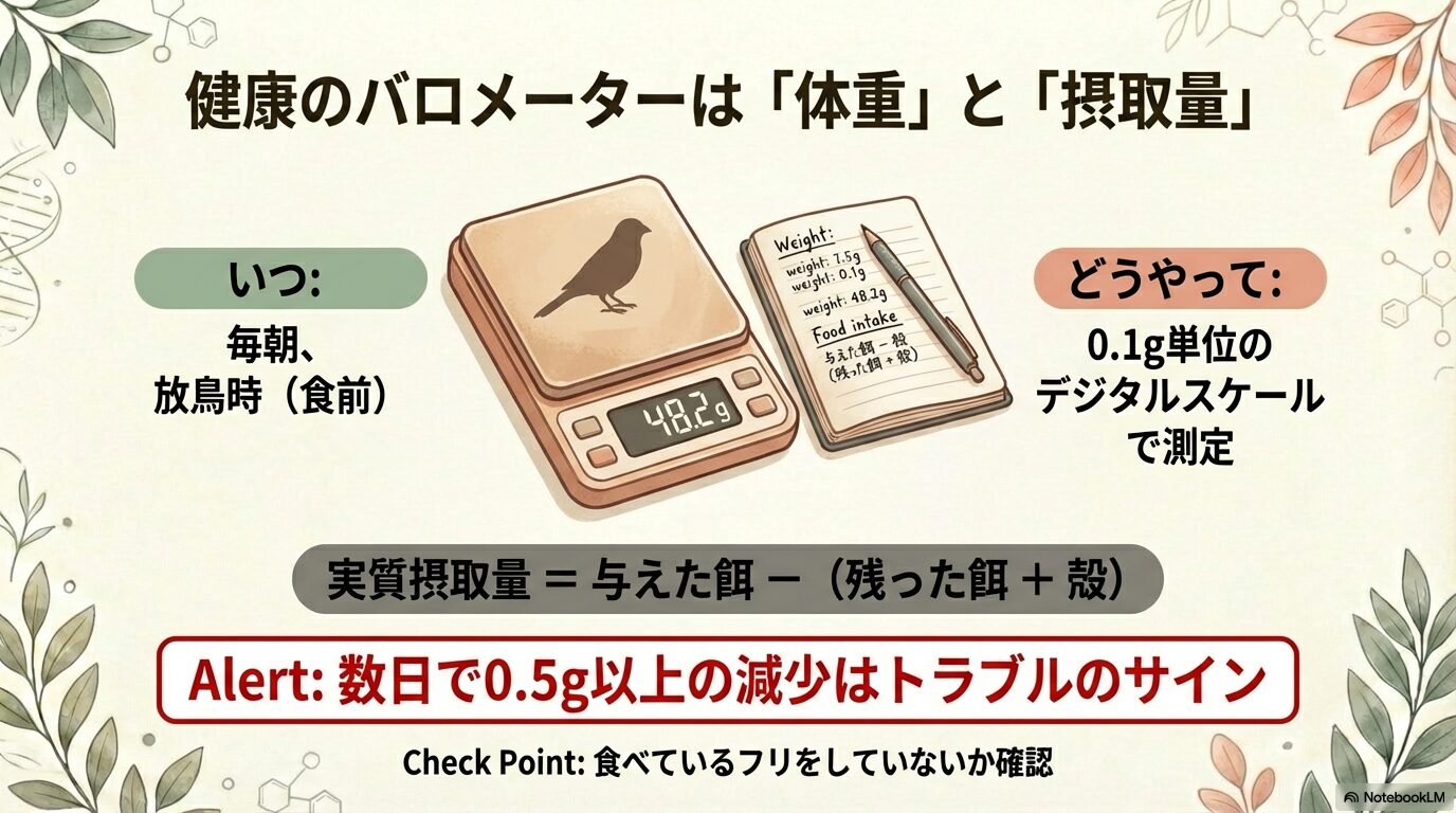 毎日の総餌量の計量と体重管理