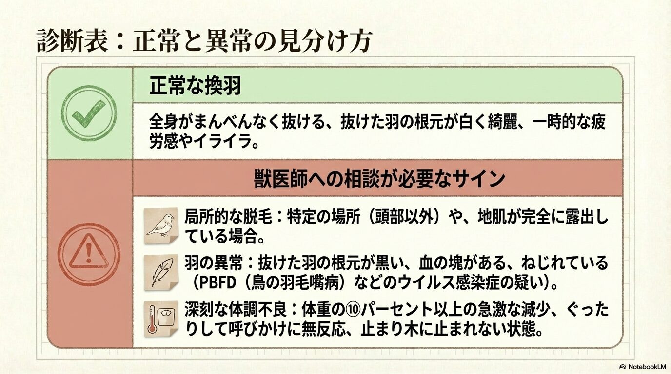 異常な羽抜け、病気の見分け方