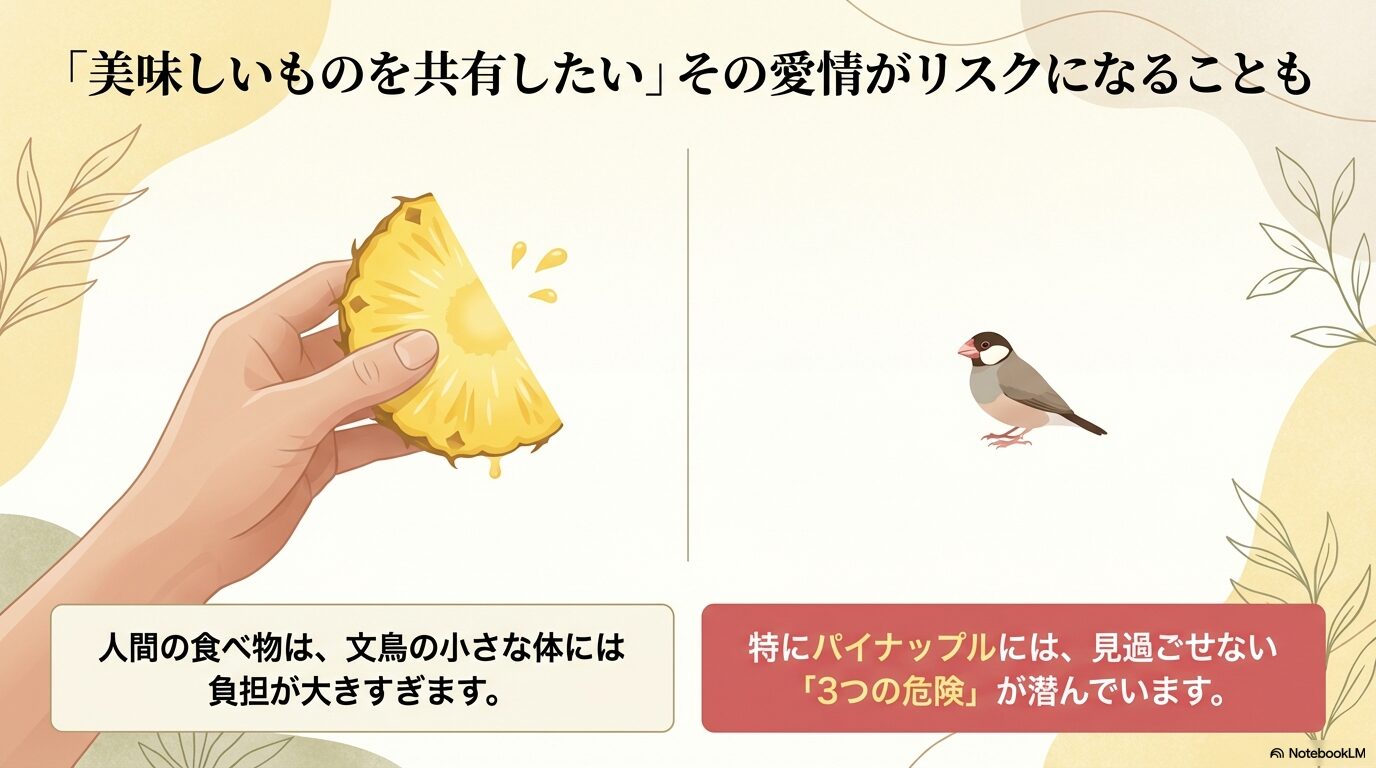 文鳥にパイナップルは与えても大丈夫?酵素や酸味のリスクと安全な果物を解説