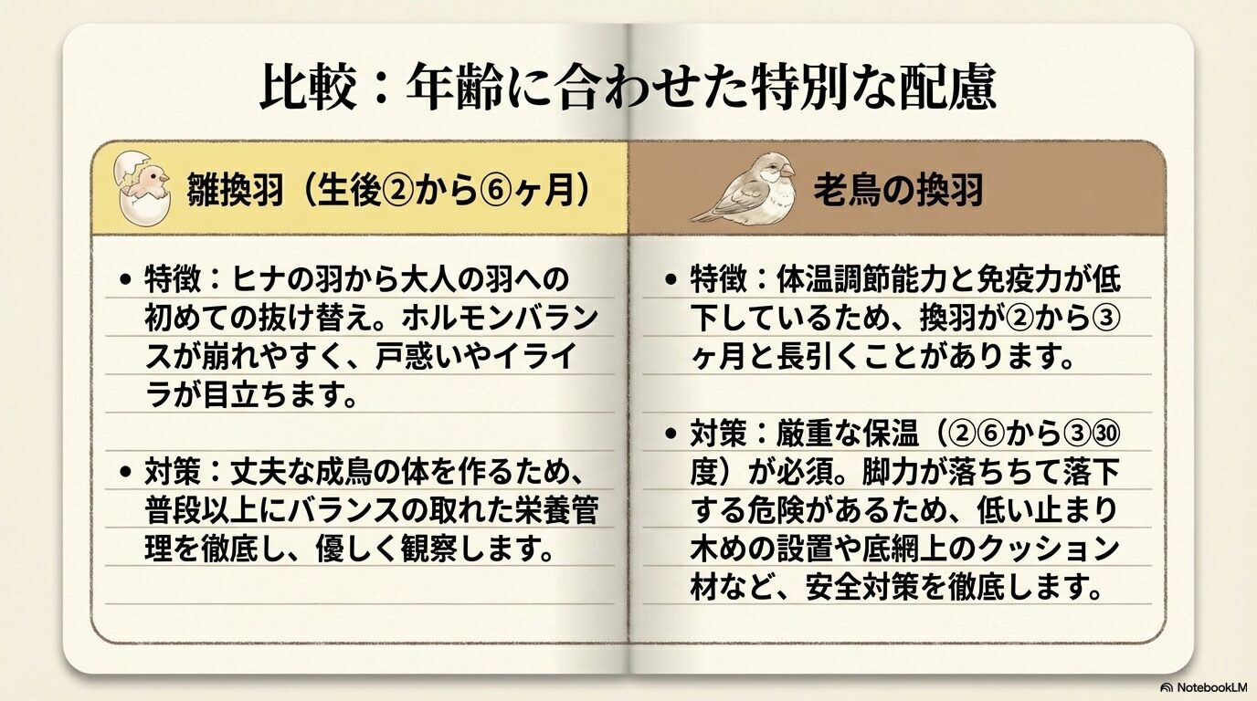 老鳥や雛換羽の注意点とケア